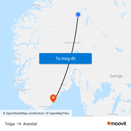 Tolga to Arendal map