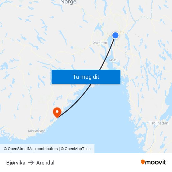 Bjørvika to Arendal map