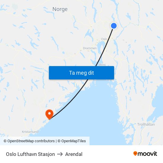 Oslo Lufthavn Stasjon to Arendal map