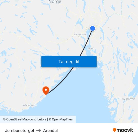 Jernbanetorget to Arendal map