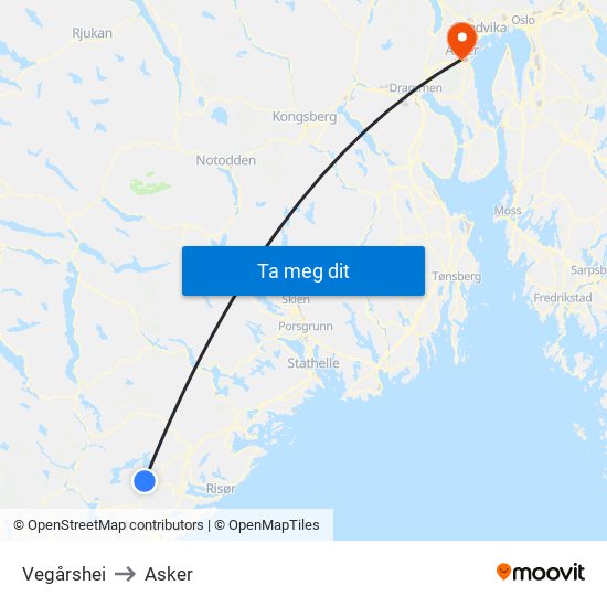 Vegårshei to Asker map