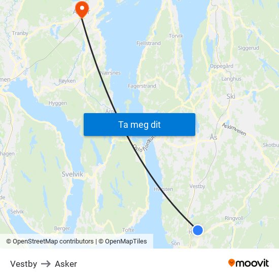 Vestby to Asker map