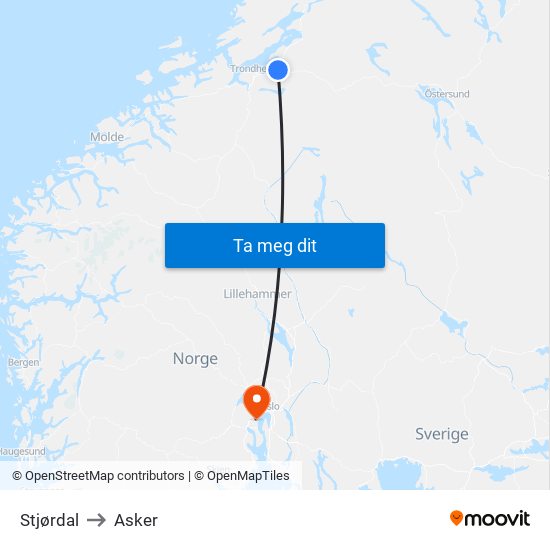 Stjørdal to Asker map