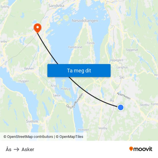 Ås to Asker map