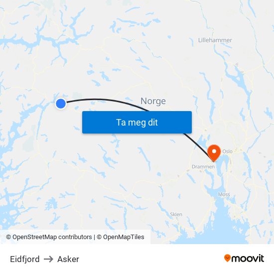 Eidfjord to Asker map