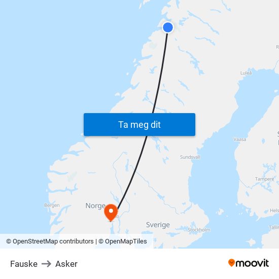 Fauske to Asker map