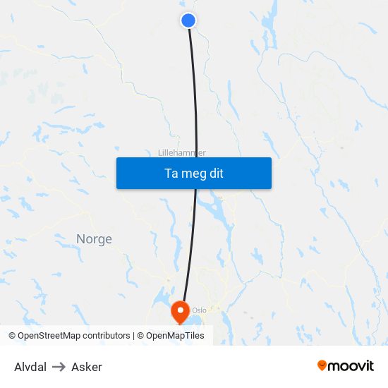 Alvdal to Asker map