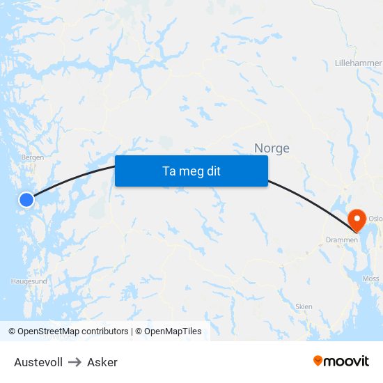 Austevoll to Asker map