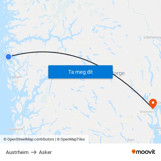 Austrheim to Asker map