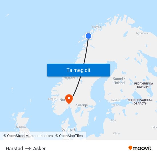 Harstad to Asker map