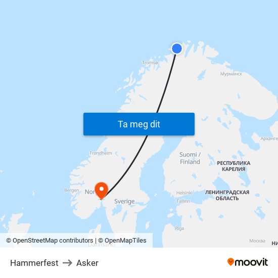 Hammerfest to Asker map
