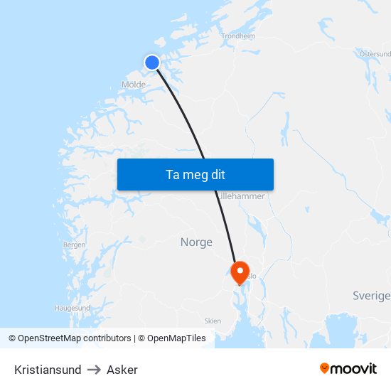 Kristiansund to Asker map