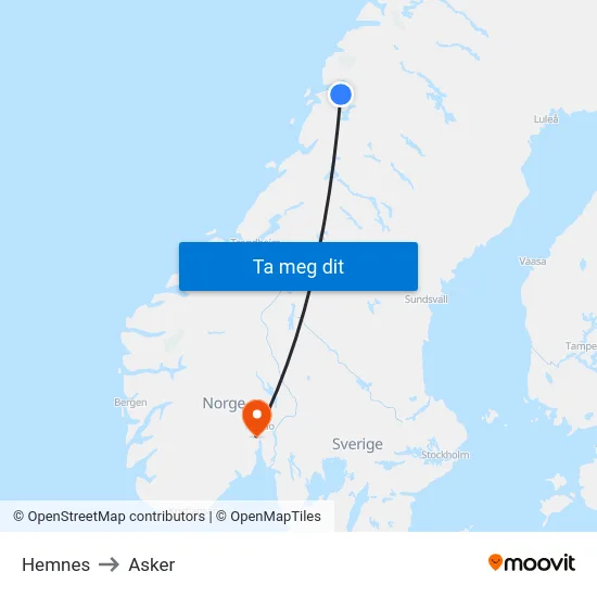 Hemnes to Asker map