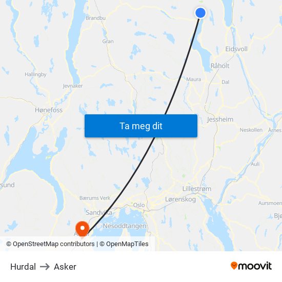 Hurdal to Asker map