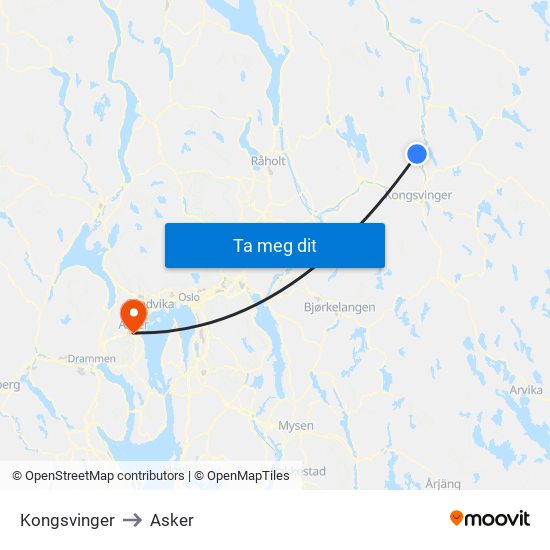 Kongsvinger to Asker map