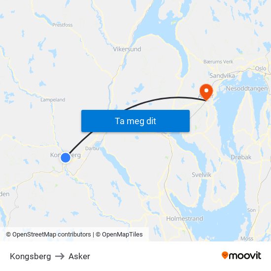 Kongsberg to Asker map