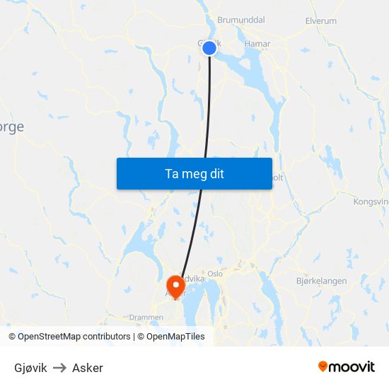 Gjøvik to Asker map