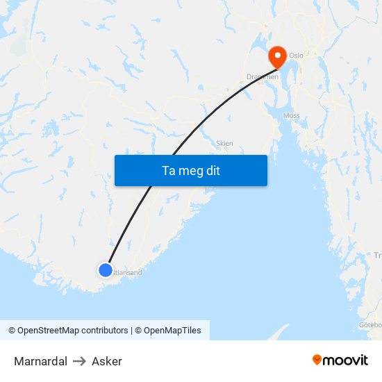 Marnardal to Asker map