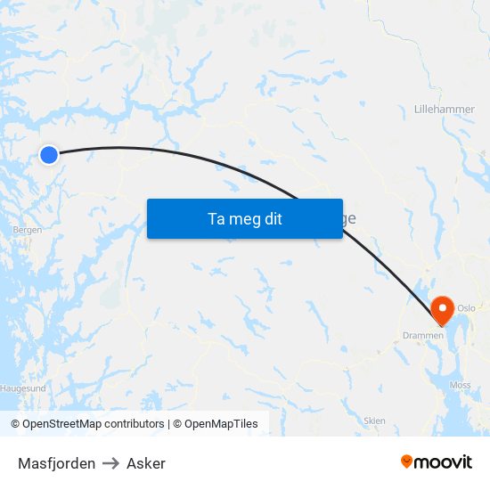 Masfjorden to Asker map
