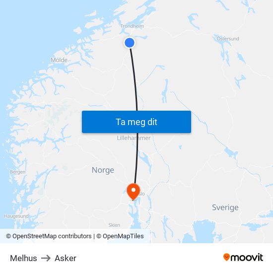 Melhus to Asker map