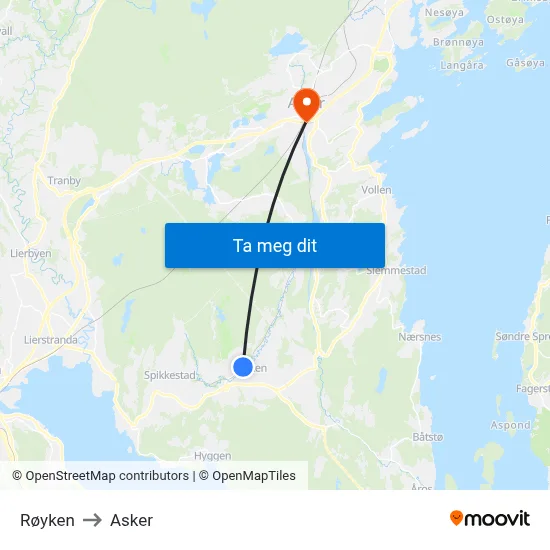 Røyken to Asker map