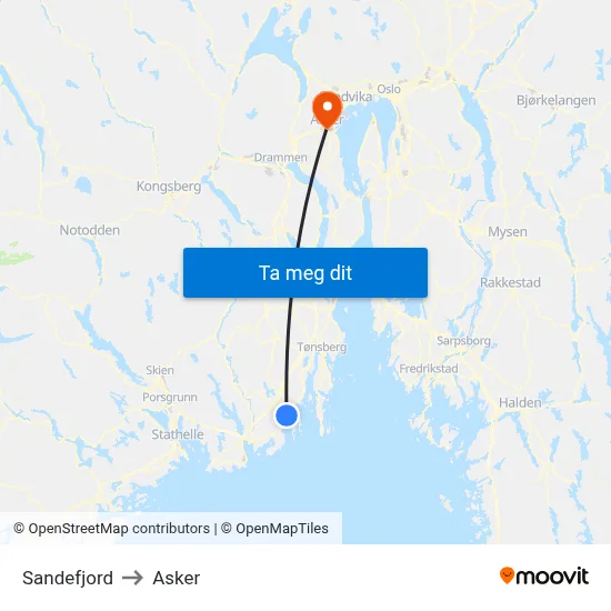 Sandefjord to Asker map