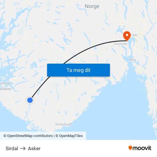 Sirdal to Asker map