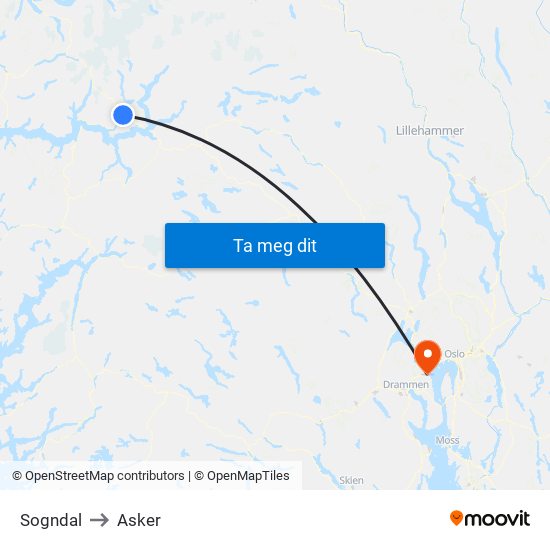 Sogndal to Asker map