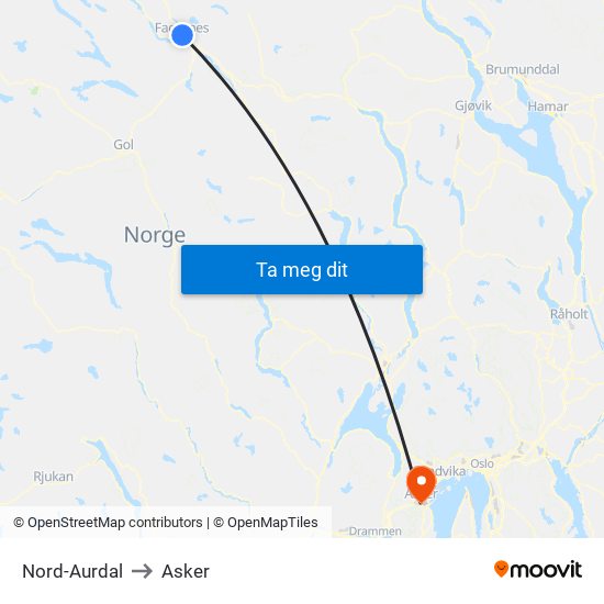 Nord-Aurdal to Asker map