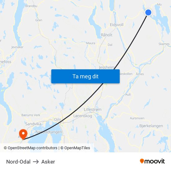 Nord-Odal to Asker map