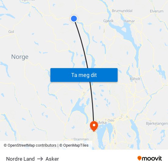 Nordre Land to Asker map