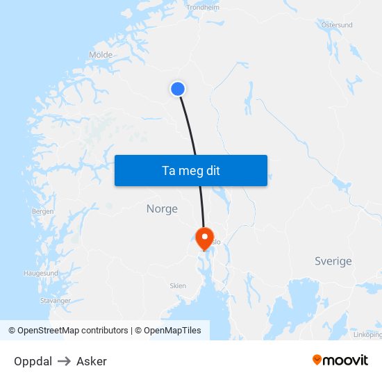 Oppdal to Asker map