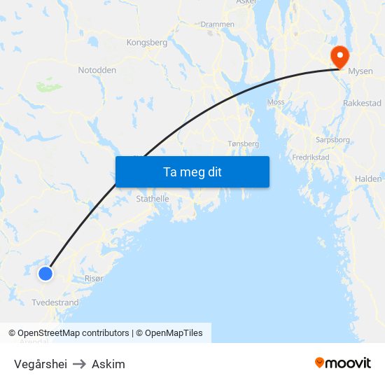 Vegårshei to Askim map