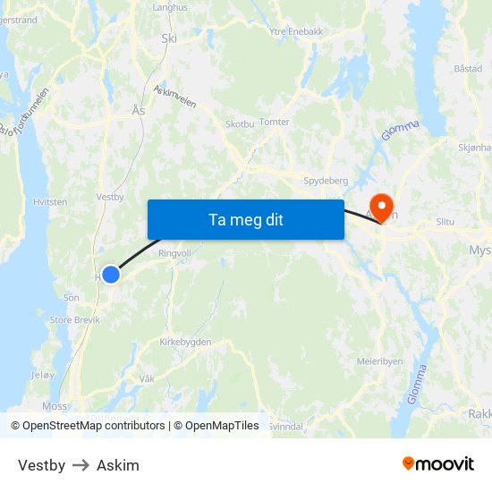 Vestby to Askim map