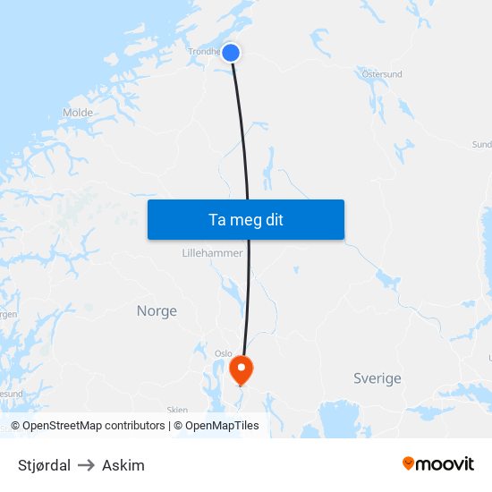Stjørdal to Askim map