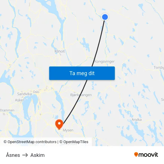 Åsnes to Askim map