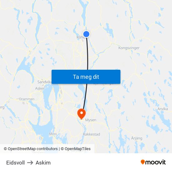 Eidsvoll to Askim map