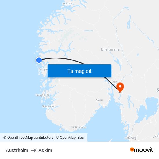 Austrheim to Askim map