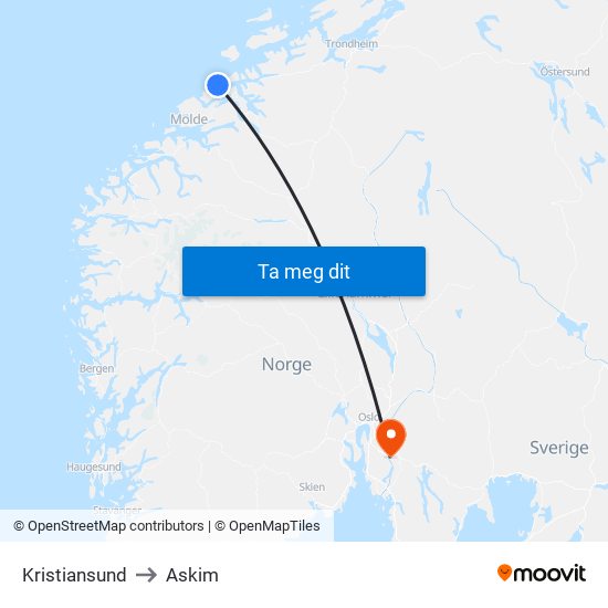 Kristiansund to Askim map