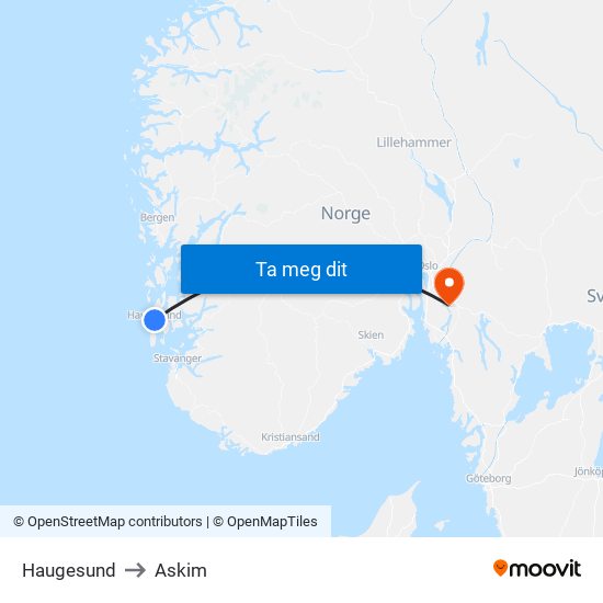Haugesund to Askim map
