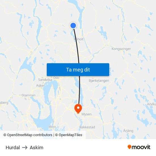 Hurdal to Askim map