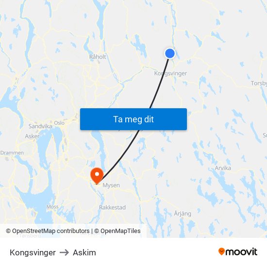 Kongsvinger to Askim map