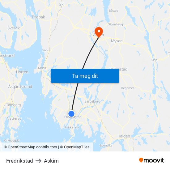 Fredrikstad to Askim map