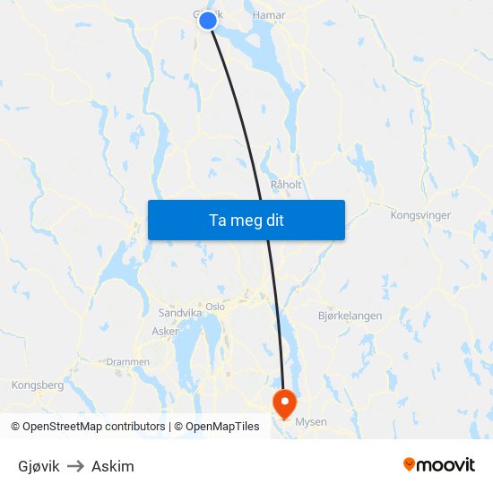 Gjøvik to Askim map
