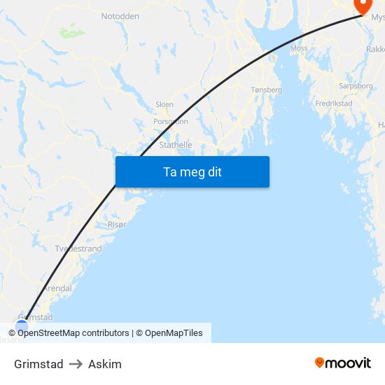 Grimstad to Askim map