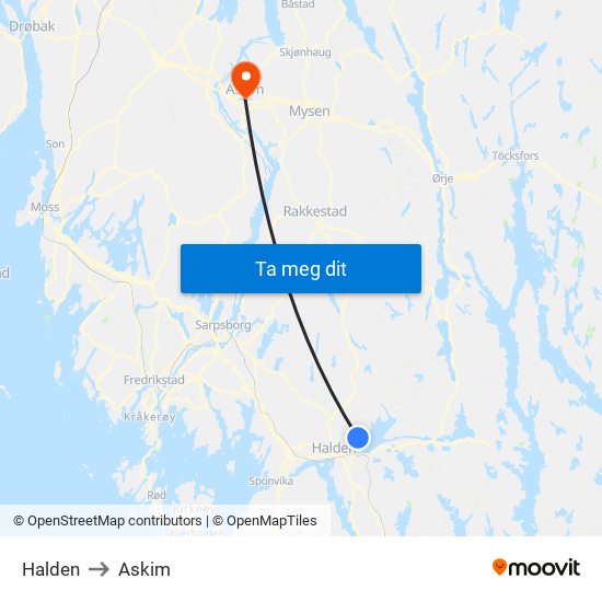 Halden to Askim map