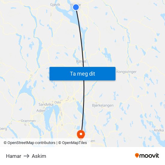 Hamar to Askim map