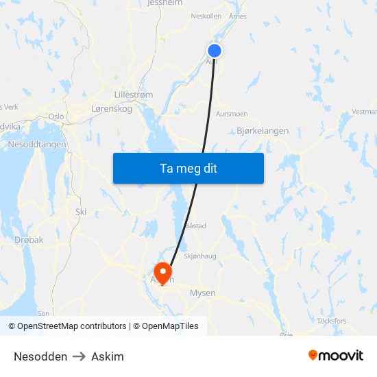 Nesodden to Askim map