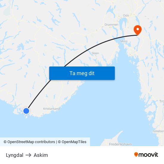 Lyngdal to Askim map