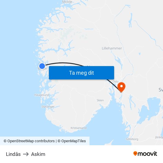 Lindås to Askim map